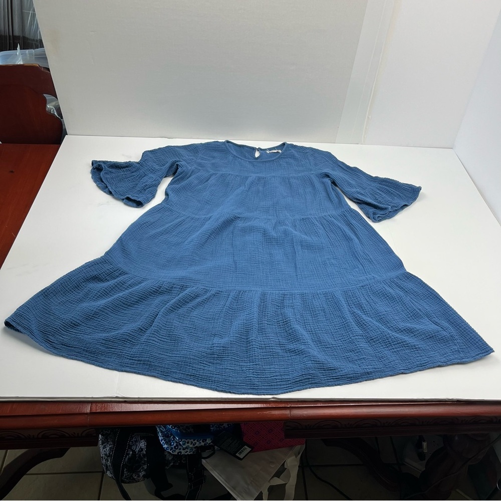 Outerknown Currents Organic Cotton Gauze Crepe BellSleeve Dress Blue Small *FLAW